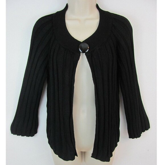Laura Ashley Cardigan Sweater Size Petite Medium Daisy Fields Black Wide Ribbed - Picture 1 of 7